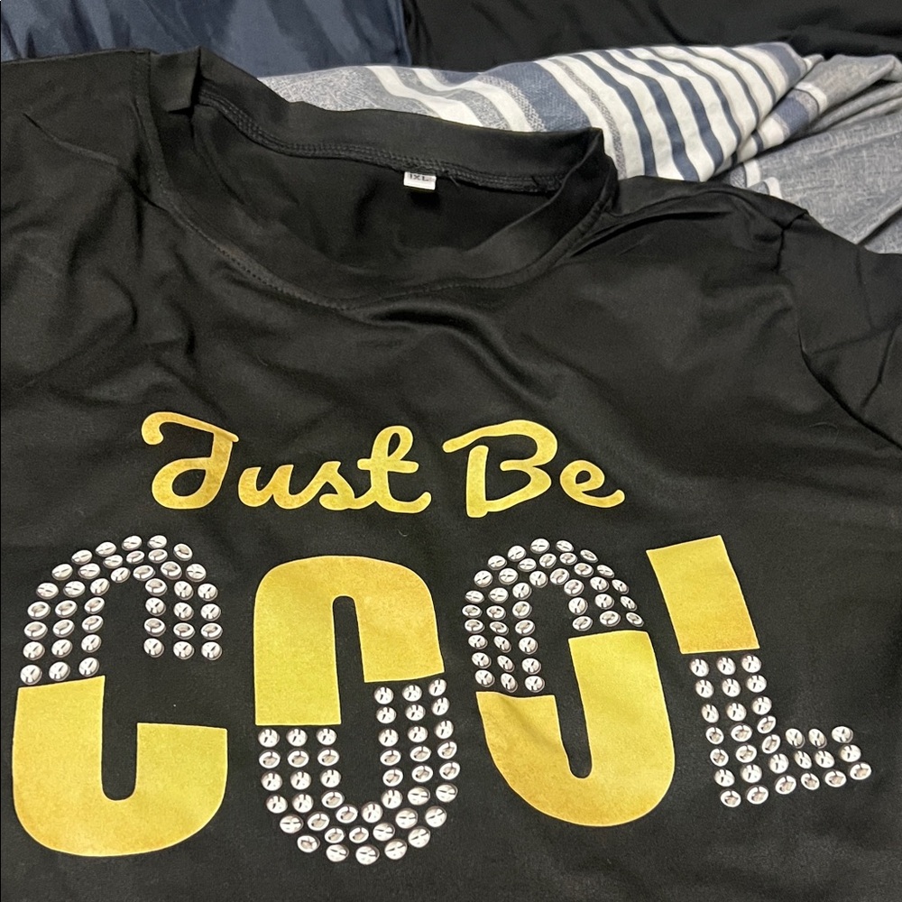 Just Be Cool Black Graphic Tee with Gold Print